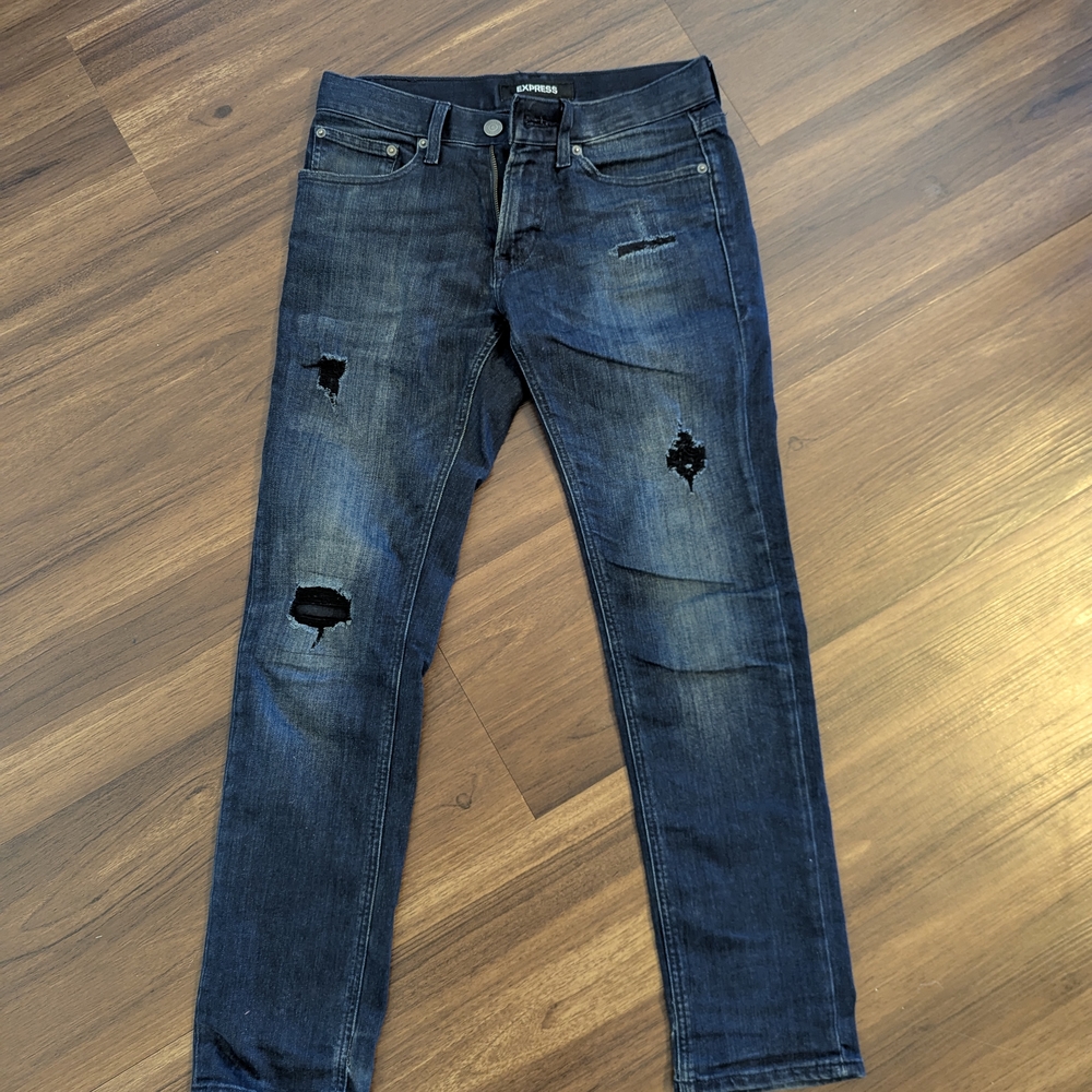 Express Blue Skinny Jeans with Distressed Details